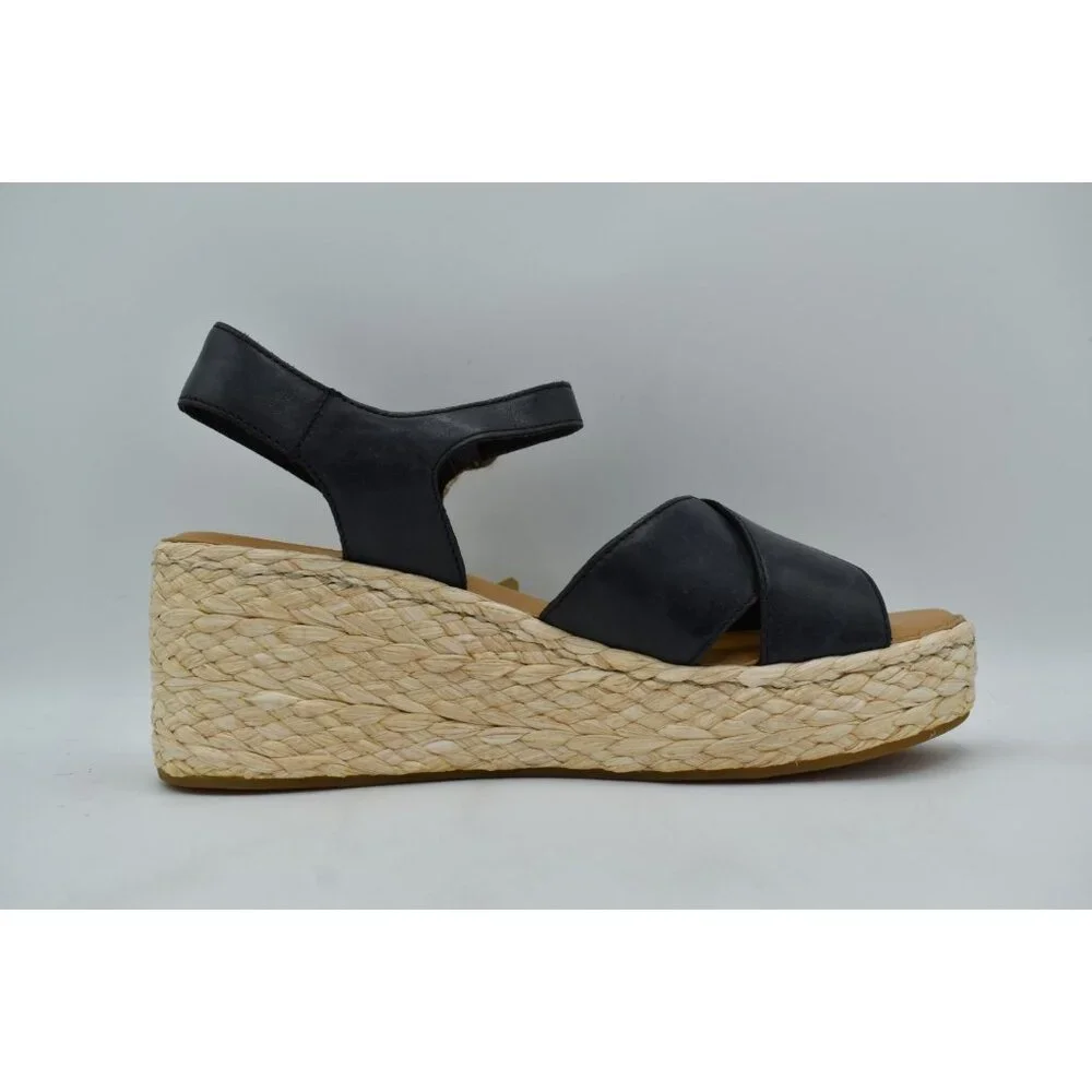 Born Women 10 Moriah Black Full Grain Leather Espadrilles Platform Wedge Sandals